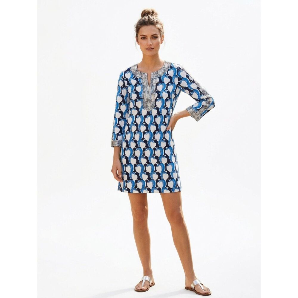 Tory Burch Butterfly Beaded Tunic Dress Blue White Cotton Size 8